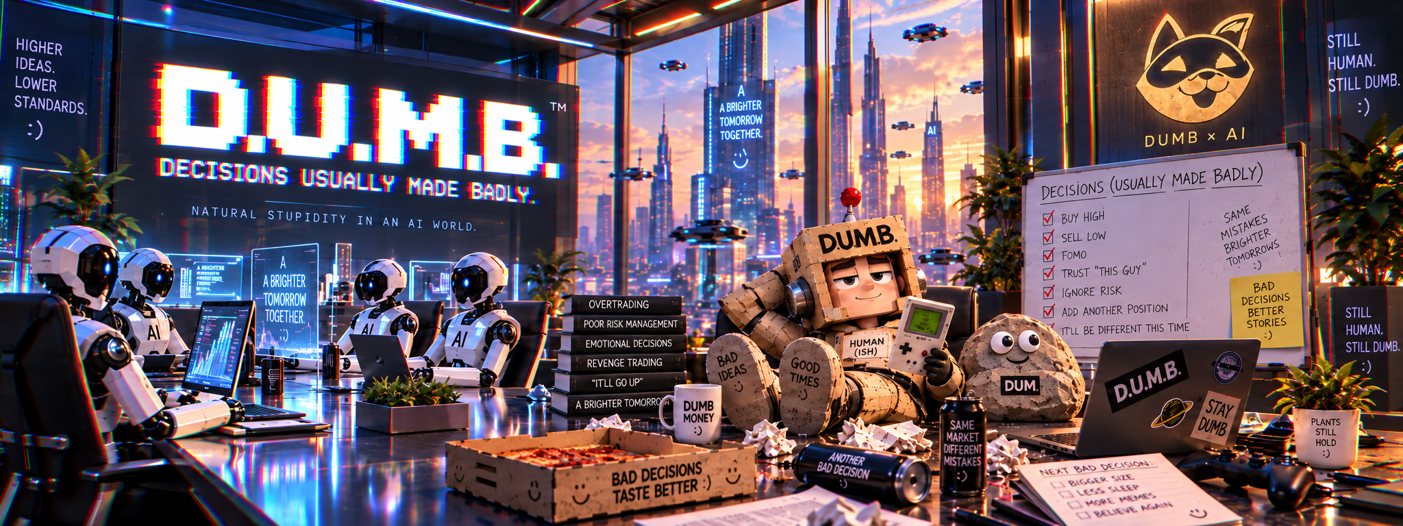 DUMB and DUM inside a futuristic AI office while AI robots build the future